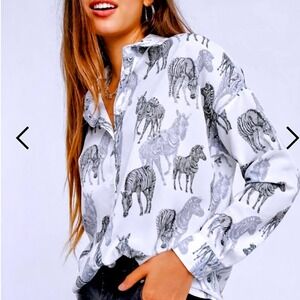 ASOS Design Romania  Long Sleeve Button-up Shirt Top in Zebra Print Medium